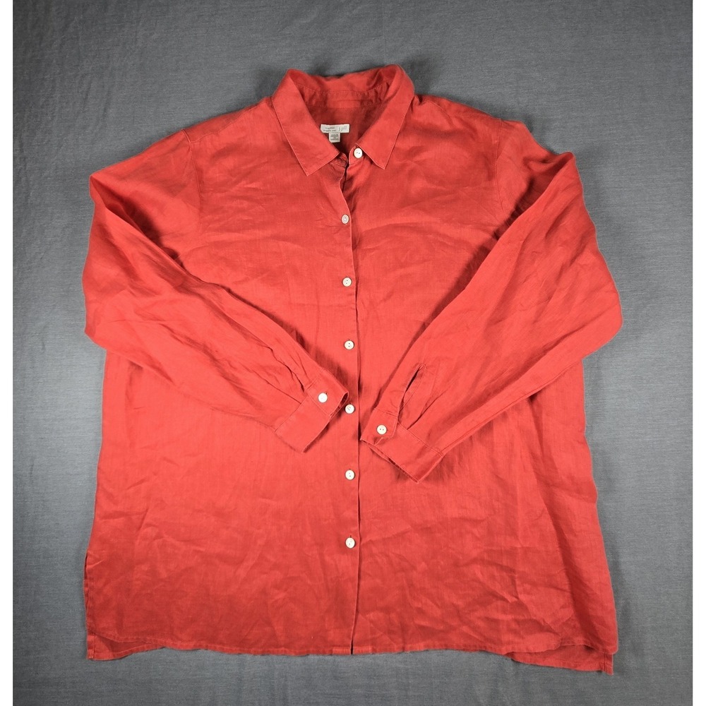 J Jill 100% Linen Button Down Shirt 2X Red Tangerine Minimalist Coastal Grandma